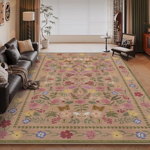DSAoTeng Teppich mit Vintage-Blumenmuster, Boho-Kunstkaschmir, groß, weich, rutschfest, schmutzabweisend, niedriger Flor, Bodenmatte für Schlafzimmer, Wohnzimmer, Schlafsaal, Esszimmer, Büro von DSAoTeng