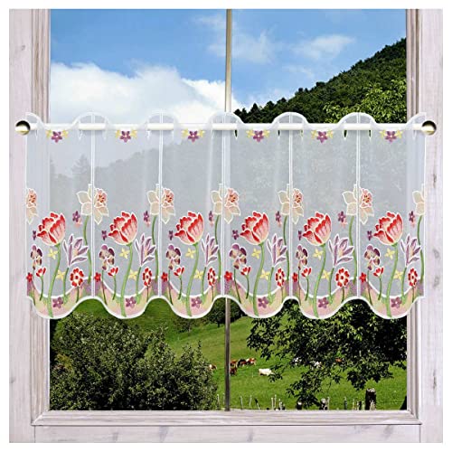Bestickte Scheibengardine Frühlingszauber Kurzstore Plauener Spitze mit Blumen-Motiv bunt 35x80 cm von DSD Design-Studio Drechsler