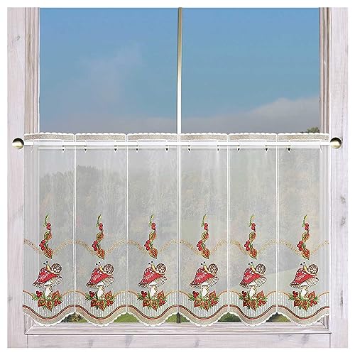 Bestickte Scheibengardine Herbstzeit aus Plauener Spitze Kurzgardine mit Fliegenpilzen und Buntem Herbstlaub 55 x 144 cm Bestickte Scheibengardine Herbstzeit aus Plauener Spitze Kurzgardine mit Fliegenpilzen und Buntem Herbstlaub 55 x 144 cm von DSD Design-Studio Drechsler