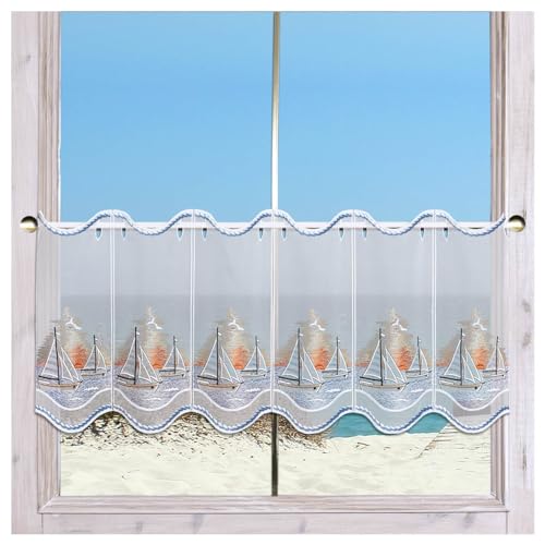 Bestickte Scheibengardine Segeln in den Sonnenuntergang aus Echter Plauener Spitze Maritime Badgardine 35 x 160 cm Bestickte Scheibengardine Segeln in den Sonnenuntergang aus Echter Plauener Spitze Maritime Badgardine 35 x 160 cm von DSD Design-Studio Drechsler