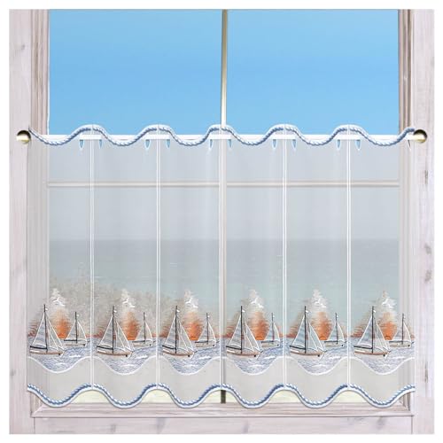 Bestickte Scheibengardine Segeln in den Sonnenuntergang aus Echter Plauener Spitze Maritime Badgardine 55 x 160 cm Bestickte Scheibengardine Segeln in den Sonnenuntergang aus Echter Plauener Spitze Maritime Badgardine 55 x 160 cm von DSD Design-Studio Drechsler