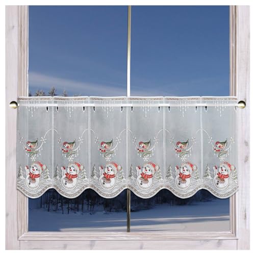 Bestickte Scheibengardine Winterspaß mit Schneemann aus Echter Plauener Spitze Scheibenhänger für Winter und Weihnachten 55 x 64 cm von DSD Design-Studio Drechsler