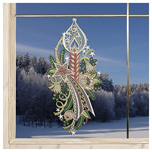 DSD Design-Studio Drechsler Advents-Fensterbild Kerze mit Stern rosé Fenster-Dekoration Weihnachten aus Plauener Spitze mit Blumen 38x19 cm von DSD Design-Studio Drechsler