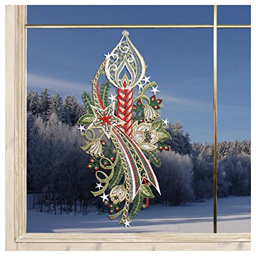 DSD Design-Studio Drechsler Advents-Fensterbild Kerze mit Stern rot Fenster-Dekoration Weihnachten aus Plauener Spitze mit Blumen 38x19 cm von DSD Design-Studio Drechsler