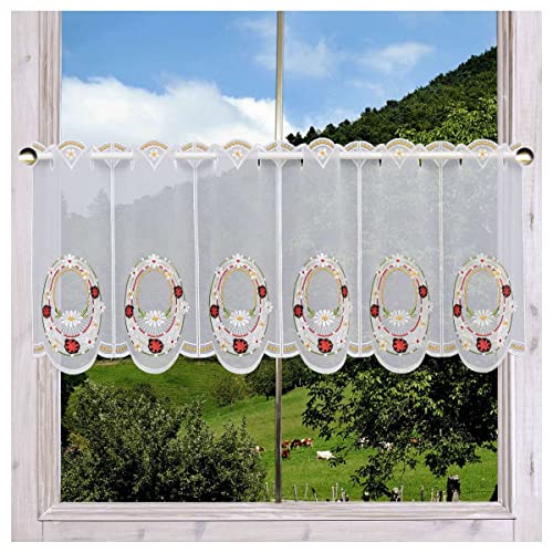 DSD Design-Studio Drechsler Bestickte Scheibengardine Marienkäfer Plauener Spitze Kurzstore mit Blumen Feenhausgardine Frühling 35 x 64 cm von DSD Design-Studio Drechsler