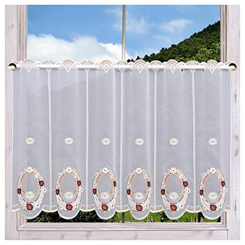DSD Design-Studio Drechsler Bestickte Scheibengardine Marienkäfer Plauener Spitze Kurzstore mit Blumen Feenhausgardine Frühling 55 x 48 cm von DSD Design-Studio Drechsler