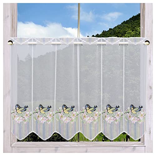 DSD Design-Studio Drechsler Bestickter Scheibenhänger Blaumeise auf Kirschblütenzweig Feenhaus-Scheibengardine Plauener Spitze 55 x 48 cm von DSD Design-Studio Drechsler