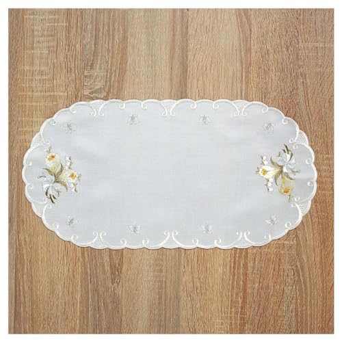 DSD Design-Studio Drechsler Besticktes Deckchen Frühlingsgruß aus Echter Plauener Spitze Tischdecke oval mit Krokussen und Schmetterlingen 45 x 22 cm von DSD Design-Studio Drechsler