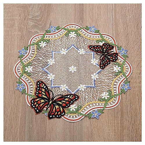 DSD Design-Studio Drechsler Deckchen Fiona Echte Plauener Spitze sommerliche Tischdecke mit kleinen Blüten und Schmetterlingen bunt 31 cm Durchmesser rund von DSD Design-Studio Drechsler