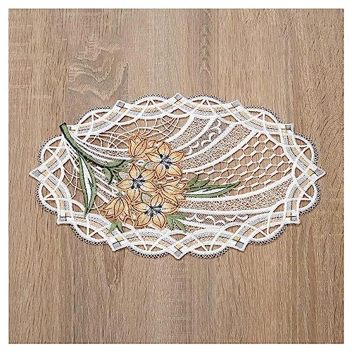 DSD Design-Studio Drechsler Deckchen Florica aus Echter Plauener Spitze Moderne Tischdecke in orange mit Blumen-Muster und Ornamenten 31 x 20 cm oval von DSD Design-Studio Drechsler