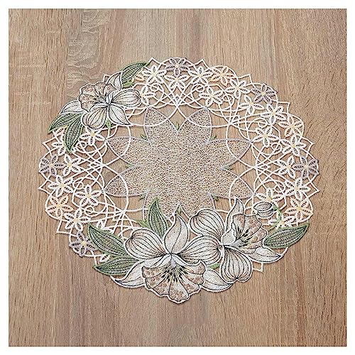 DSD Design-Studio Drechsler Deckchen Orchidee aus Echter Plauener Spitze gestickte Tischdecke mit Blumen-Muster in Creme 31 cm Durchmesser rund von DSD Design-Studio Drechsler