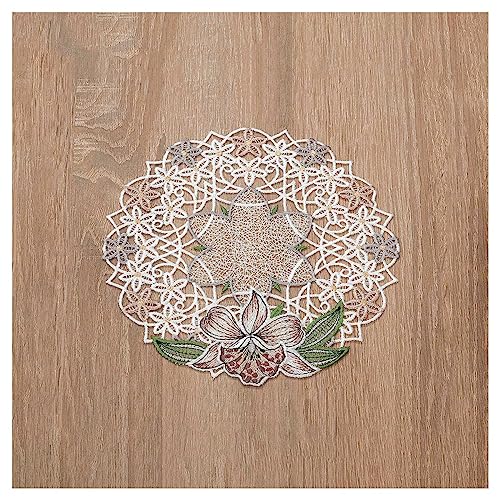 DSD Design-Studio Drechsler Deckchen Orchidee aus Echter Plauener Spitze gestickte Tischdecke mit Blumen-Muster in rosé 20 cm Durchmesser rund von DSD Design-Studio Drechsler