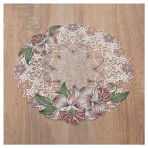 DSD Design-Studio Drechsler Deckchen Orchidee aus Echter Plauener Spitze gestickte Tischdecke mit Blumen-Muster in rosé 31 cm Durchmesser rund von DSD Design-Studio Drechsler