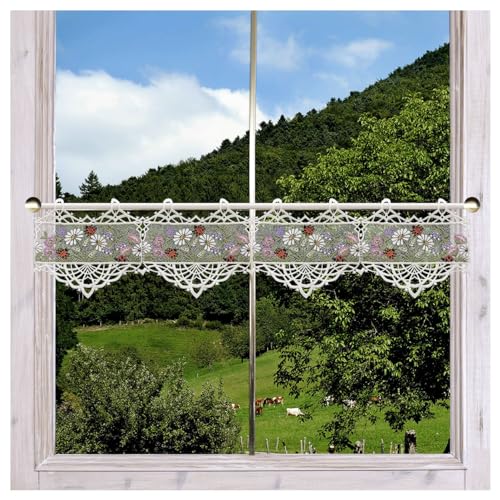 Feenhaus-Scheibengardine Blumenwiese pastell mit kleinem Marienkäfer gestickt aus Vogtländischer Spitze | Sommer-Scheibenhänger mit Margariten, Glockenblümchen, rosa Blüten Höhe x Breite 17 x 72 cm von DSD Design-Studio Drechsler