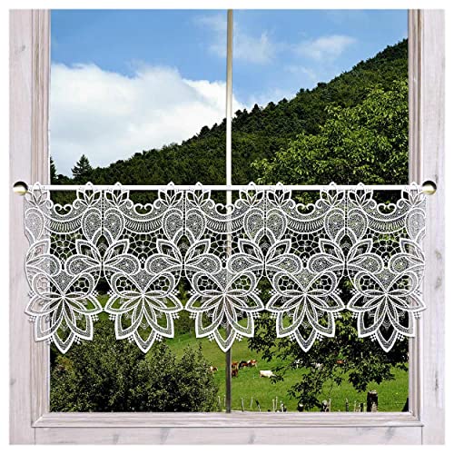 DSD Design-Studio Drechsler Feenhaus-Scheibengardine Jannica aus Echter Vogtländischer Spitze Moderne Spitzengardine mit Ornamenten in weiß-Taupe 34 x 96 cm von DSD Design-Studio Drechsler
