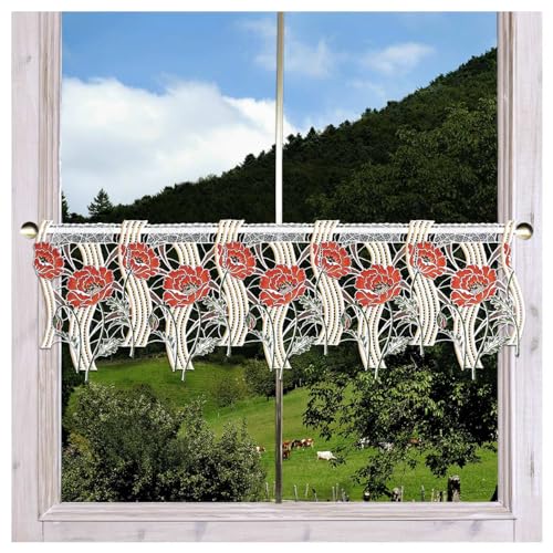 DSD Design-Studio Drechsler Feenhaus-Scheibengardine Mohnblumen Echte Plauener Spitze Mohn-Blüten als Moderne Spitzengardine Sommerdeko 26 x 80 cm von DSD Design-Studio Drechsler