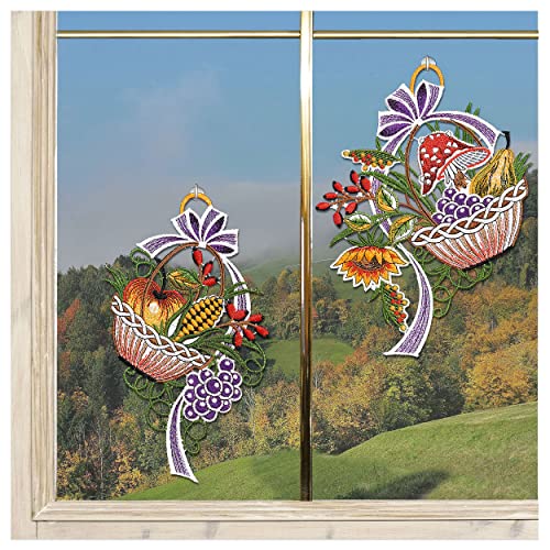 DSD Design-Studio Drechsler Fensterbild Herbstkörbchen mit Fliegenpilz Plauener Spitze 2er Set Fensterdeko Stickerei Herbst von DSD Design-Studio Drechsler