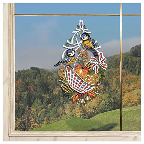 DSD Design-Studio Drechsler Fensterbild Herbstkorb mit Blaumeisen Plauener Spitze Herbst-Deko mit Vögelchen 30 x 18 cm von DSD Design-Studio Drechsler