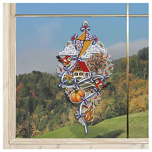 DSD Design-Studio Drechsler Fensterbild Herbstlandschaft mit Drachen und Vögeln Plauener Spitze Fensterdeko Herbst 34 x 17 cm von DSD Design-Studio Drechsler
