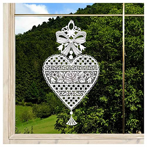 DSD Design-Studio Drechsler Fensterbild Herz Annemarie aus Echter Plauener Spitze in weiß-braun Landhaus-Fensterdeko mit rustikalem Rosen-Motiv 25 x 13 cm von DSD Design-Studio Drechsler