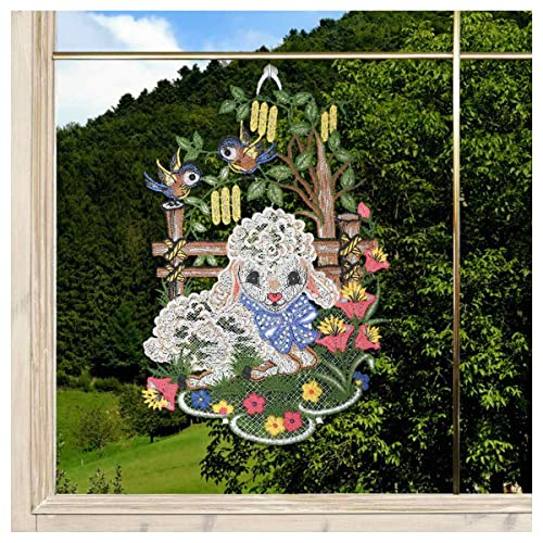 Frühlings-Fensterbild Schäfchen und Blaumeisen aus feiner Vogtländischer Luftspitze | detailliert gesticktes Osterlämchen mit 2 Vögelchen, Weidenzweigen und Frühlingsblumen auf der Wiese 28 x 18 cm von DSD Design-Studio Drechsler