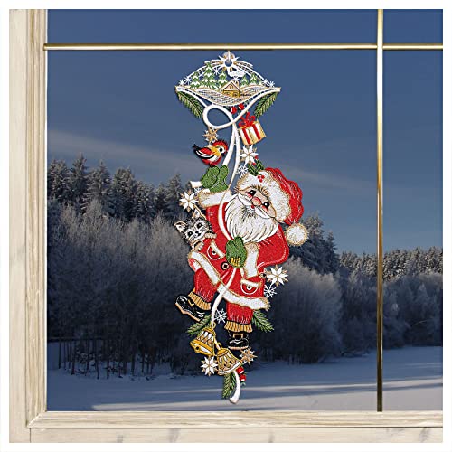 DSD Design-Studio Drechsler Fensterbild Weihnachtsmann mit Kätzchen Plauener Spitze Winter-Girlande Kinderzimmer 48 x 18 cm von DSD Design-Studio Drechsler