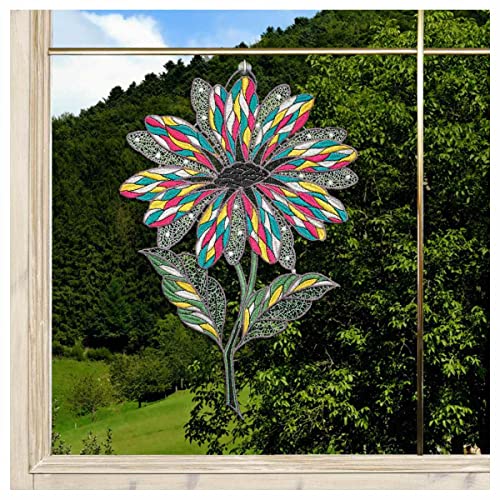 DSD Design-Studio Drechsler Gesticktes Blumen-Fensterbild Antonia groß modern Margerite Fenster-Dekoration aus Plauener Spitze Regenbogen von DSD Design-Studio Drechsler