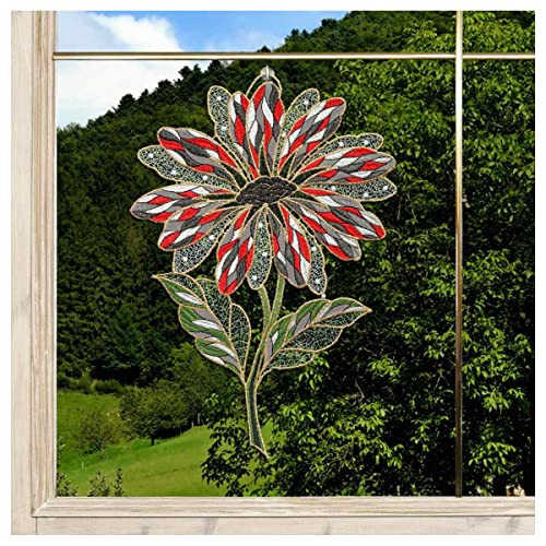 DSD Design-Studio Drechsler Gesticktes Blumen-Fensterbild Antonia groß modern Margerite Fenster-Dekoration aus Plauener Spitze rot-grau von DSD Design-Studio Drechsler