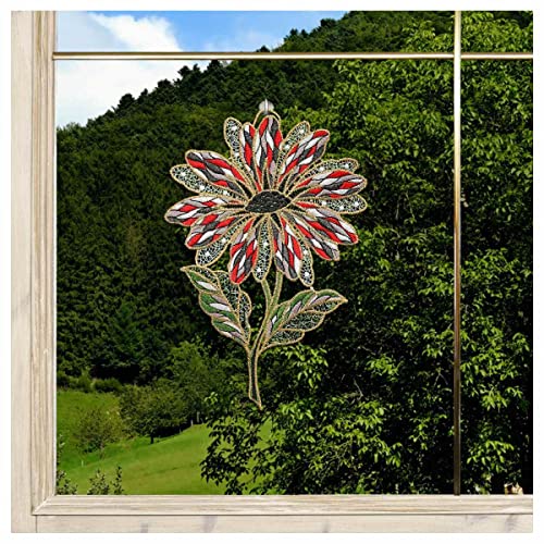 DSD Design-Studio Drechsler Gesticktes Blumen-Fensterbild Antonia klein modern Margerite Fenster-Dekoration aus Plauener Spitze rot-grau von DSD Design-Studio Drechsler