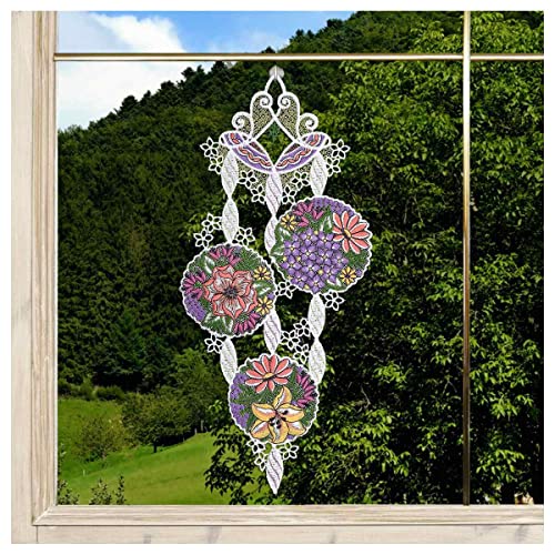 DSD Design-Studio Drechsler Gesticktes Blumen-Fensterbild Blütenbälle Fenster-Dekoration aus Plauener Spitze Mobilé rosa-lila von DSD Design-Studio Drechsler