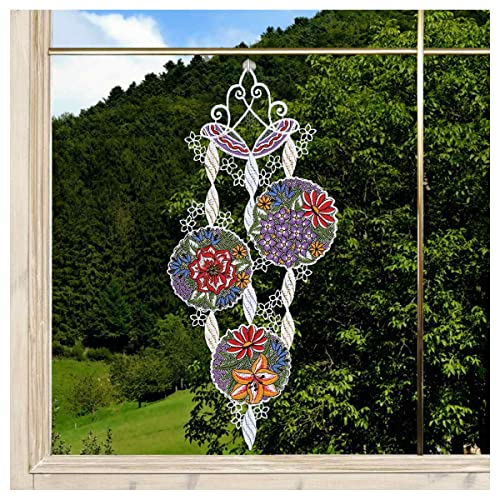DSD Design-Studio Drechsler Gesticktes Blumen-Fensterbild Blütenbälle Fenster-Dekoration aus Plauener Spitze Mobilé rot-blau von DSD Design-Studio Drechsler