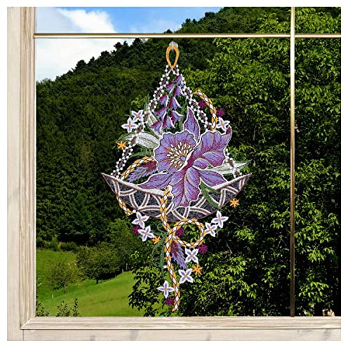 DSD Design-Studio Drechsler Gesticktes Blumen-Fensterbild Orchidee lila Fenster-Dekoration aus Plauener Spitze Blüte von DSD Design-Studio Drechsler