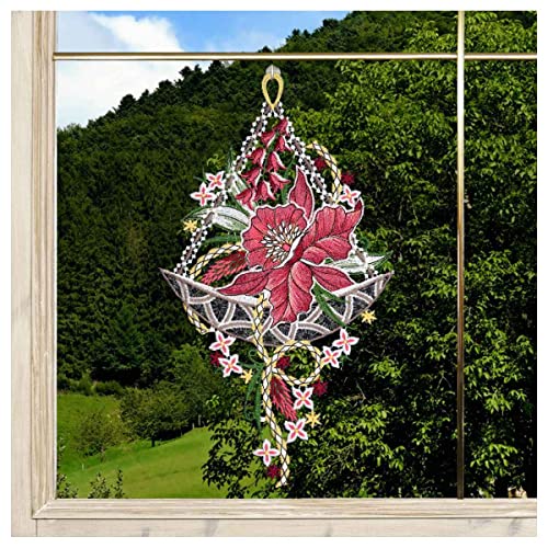 DSD Design-Studio Drechsler Gesticktes Blumen-Fensterbild Orchidee rot Fenster-Dekoration aus Plauener Spitze Blüte rosa von DSD Design-Studio Drechsler