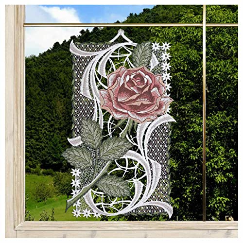 DSD Design-Studio Drechsler Gesticktes Blumen-Fensterbild Rose in Altrosa Fenster-Dekoration aus Plauener Spitze Klassische Blüte von DSD Design-Studio Drechsler