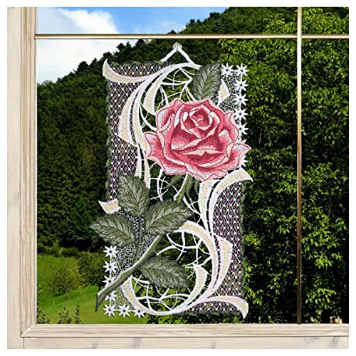 DSD Design-Studio Drechsler Gesticktes Blumen-Fensterbild Rose in rosa Fenster-Dekoration aus Plauener Spitze Klassische Blüte von DSD Design-Studio Drechsler