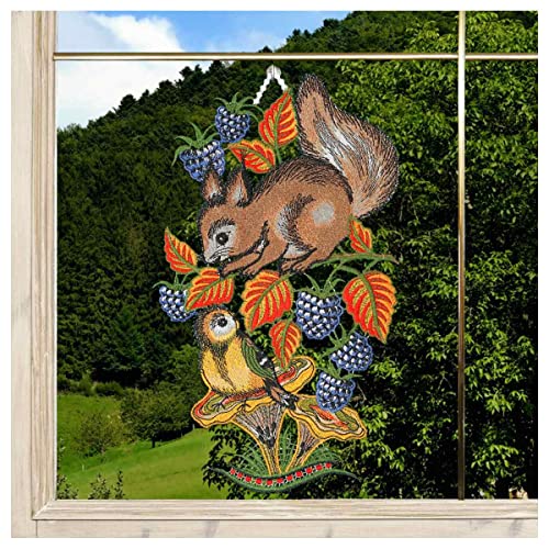 DSD Design-Studio Drechsler Gesticktes Fensterbild Eichhörnchen und Vögelchen Fenster-Dekoration Plauener Spitze Herbst-Motiv blau von DSD Design-Studio Drechsler