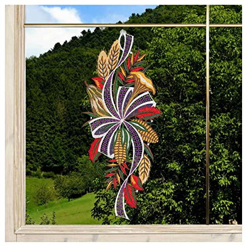 DSD Design-Studio Drechsler Gesticktes Fensterbild Erntedankfest Fenster-Dekoration Herbst Plauener Spitze Bunte Blätter, Mailkolben mit Schleife lila von DSD Design-Studio Drechsler