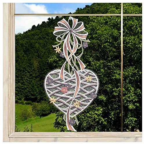 DSD Design-Studio Drechsler Gesticktes Fensterbild Herz mit Schleife Fenster-Dekoration in Pastell Plauener Spitze Blumen-Motiv von DSD Design-Studio Drechsler