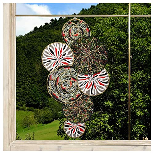 DSD Design-Studio Drechsler Gesticktes Fensterbild Miran modern Muster Kreise Fenster-Dekoration in Gold-Rot-Schwarz Plauener Spitze von DSD Design-Studio Drechsler