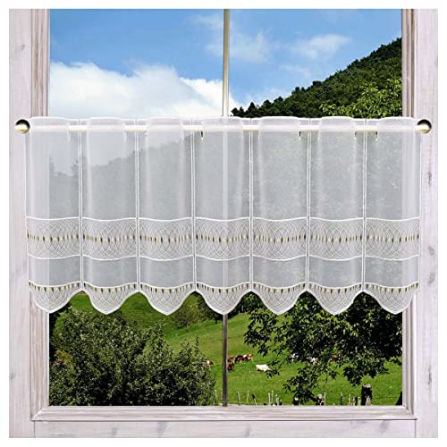 DSD Design-Studio Drechsler Hochwertig bestickte Scheibengardine Nevena mit feiner Ornament-Stickerei gelb-Sand aus Plauener Spitzen 35 x 96 cm von DSD Design-Studio Drechsler