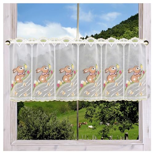 DSD Design-Studio Drechsler Hübsche bestickte Scheibengardine Osterhase mit Blumen Scheibenhänger aus Plauener Spitze 35 x 96 cm von DSD Design-Studio Drechsler