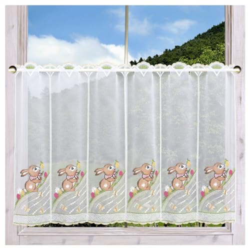 DSD Design-Studio Drechsler Hübsche bestickte Scheibengardine Osterhase mit Blumen Scheibenhänger aus Plauener Spitze 55 x 128 cm von DSD Design-Studio Drechsler