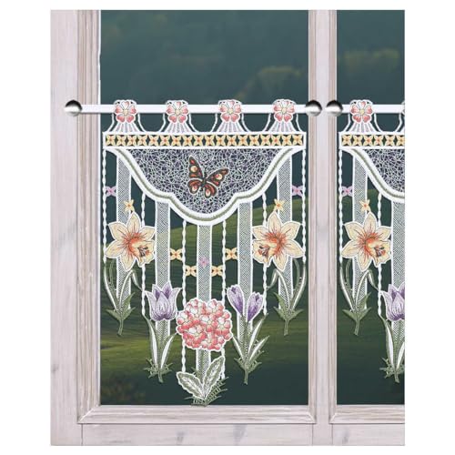 DSD Design-Studio Drechsler Scheibenhänger Frühlingswiese aus Echter Plauener Spitze Scheibengardine mit Blumen und Schmetterling Flächengardine Frühling 34 x 23 cm von DSD Design-Studio Drechsler
