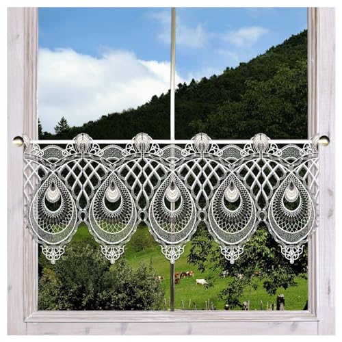 DSD Design-Studio Drechsler Spitzen-Scheibenhänger Hilda Plauener Spitze Moderne Spitzengardine mit Ornament-Muster in weiß-grau 35 x 48 cm von DSD Design-Studio Drechsler