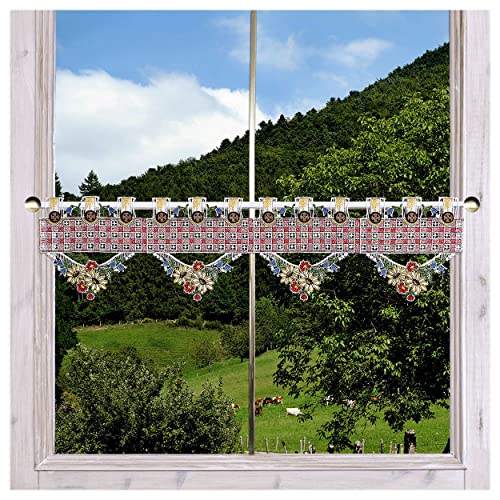 DSD Design-Studio Drechsler Stangendeko Feenhausgardine Johanna rot Plauener Spitze Scheibenhänger mit Sommer-Blumen 18 cm hoch von DSD Design-Studio Drechsler