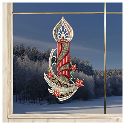 DSD Design-Studio Drechsler Weihnachts-Fensterbild Kerze mit Sternenschweif rot Plauener Spitze mit Lurex-Stickerei 35 x 17 cm von DSD Design-Studio Drechsler