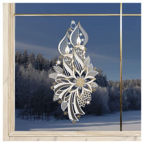 DSD Design-Studio Drechsler Weihnachts-Fensterbild Lichterglanz Plauener Spitze Adventskerzen in weiß-Gold 37 x19 cm von DSD Design-Studio Drechsler