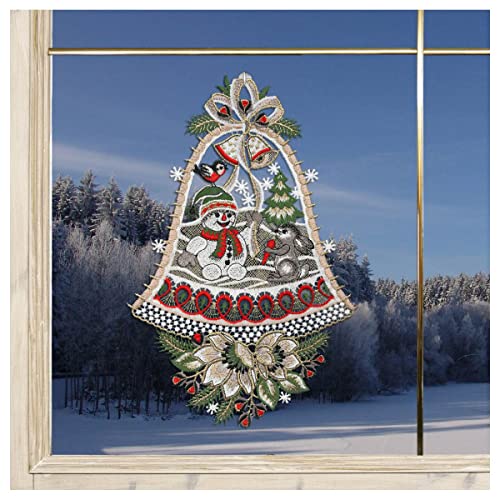 DSD Design-Studio Drechsler Weihnachts-Fensterbild Schneemann und Hase winterliche Fenster-Dekoration Glocke aus Plauener Spitze grau 29x19 cm von DSD Design-Studio Drechsler