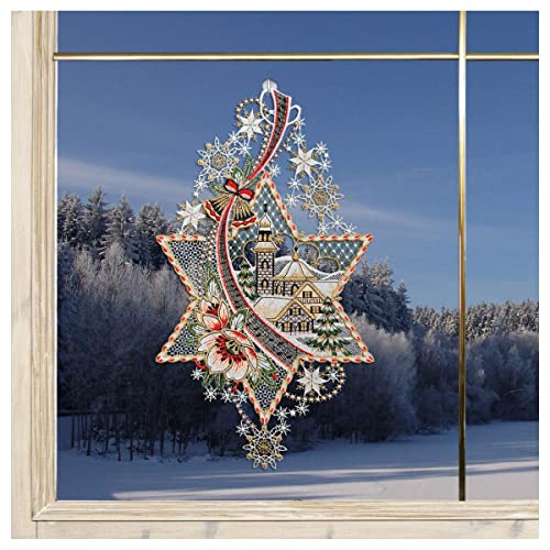 DSD Design-Studio Drechsler Weihnachts-Fensterbild Stern mit Kirche Fenster-Dekoration Advent Winterlandschaft aus Plauener Spitze rot 34x19 cm von DSD Design-Studio Drechsler