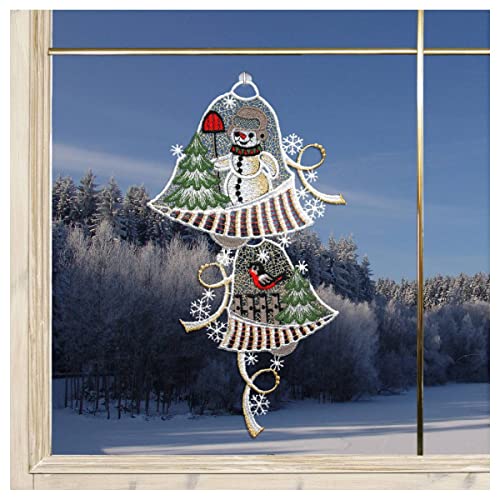 DSD Design-Studio Drechsler Winter-Fensterbild Glocken mit Schneemann Fenster-Dekoration Advent aus Plauener Spitze Glöckchen grau 28x17 cm von DSD Design-Studio Drechsler